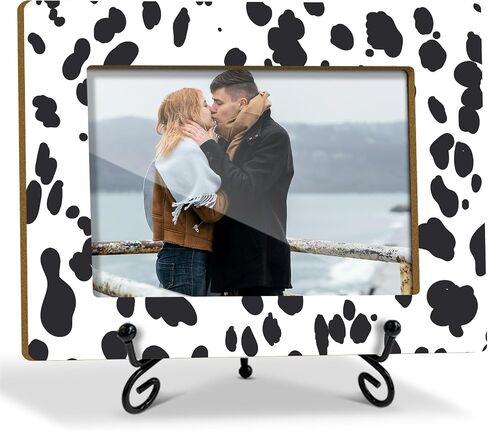 Cow Pattern Picture Frame, Birthday Gift For Women Girls Boys Daughter Son Sister Mom Table Desk Shelf Blank and White Decor Wood Photo Frame Fits 4x6 Vertical & Horizontal with Stand -14 in Saudi Arabia