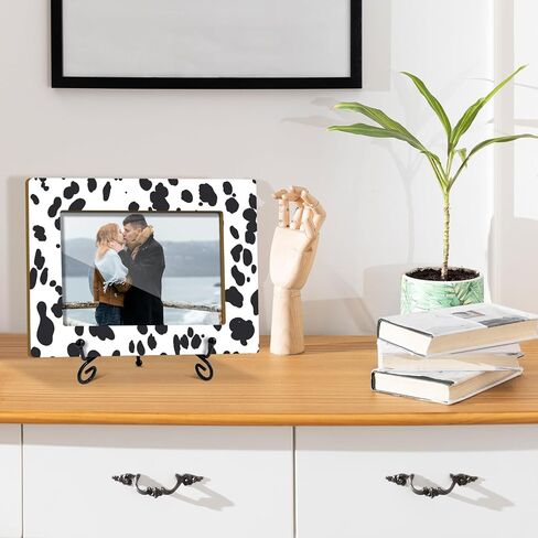 Cow Pattern Picture Frame, Birthday Gift For Women Girls Boys Daughter Son Sister Mom Table Desk Shelf Blank and White Decor Wood Photo Frame Fits 4x6 Vertical & Horizontal with Stand -14 in Saudi Arabia