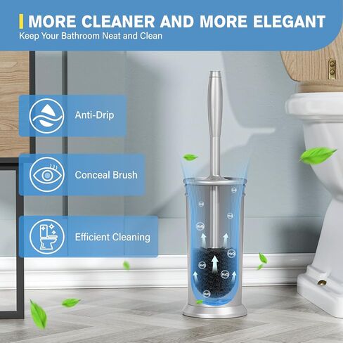 فرشاة المرحاض uptronic، فرشاة المرحاض المعدنية ومجموعة حامل مع مقبض طويل للغاية وشعيرات متينة وفرشاة وعاء المرحاض وحامل مغطى لتنظيف المرحاض لتنظيف الحمام (فضي، مجموعة واحدة) in Kuwait