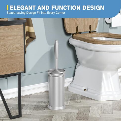 فرشاة المرحاض uptronic، فرشاة المرحاض المعدنية ومجموعة حامل مع مقبض طويل للغاية وشعيرات متينة وفرشاة وعاء المرحاض وحامل مغطى لتنظيف المرحاض لتنظيف الحمام (فضي، مجموعة واحدة) in Kuwait