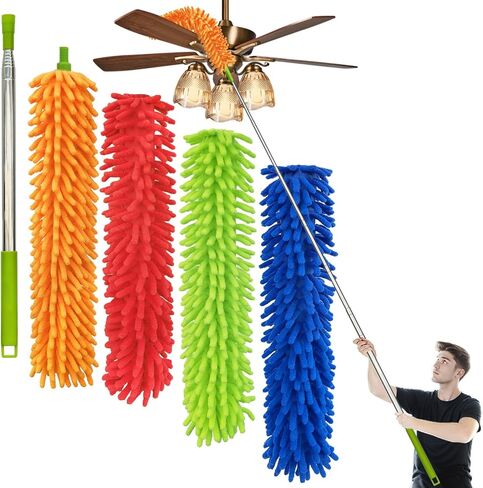 4 قطع من منفضة الريش المصنوعة من الألياف الدقيقة، عمود قابل للتمديد من 76.2 سم إلى 100 سم، رأس منفضة شانيل قابل للفصل والطي والغسل، أداة تنظيف للمكتب والسيارة والنوافذ والأثاث ومروحة السقف in Kuwait