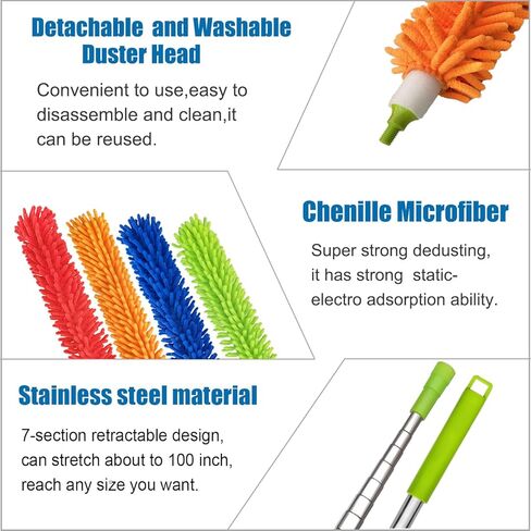 4 قطع من منفضة الريش المصنوعة من الألياف الدقيقة، عمود قابل للتمديد من 76.2 سم إلى 100 سم، رأس منفضة شانيل قابل للفصل والطي والغسل، أداة تنظيف للمكتب والسيارة والنوافذ والأثاث ومروحة السقف in Kuwait