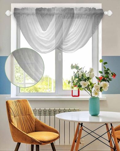 Grey Ombre Waterfall Valance Curtains, Farmhouse Sheer Swag Valance for Window Treatments, Gray Gradient Rod Pocket Elegant Valances for Living Room/Cafe, 38.5" x 47.21", 2 Panels in Saudi Arabia