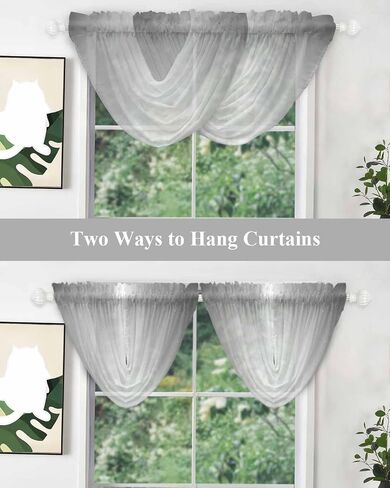 Grey Ombre Waterfall Valance Curtains, Farmhouse Sheer Swag Valance for Window Treatments, Gray Gradient Rod Pocket Elegant Valances for Living Room/Cafe, 38.5" x 47.21", 2 Panels in Saudi Arabia