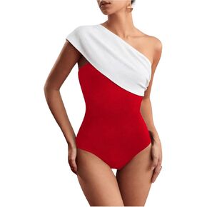 Floerns Women's One Shoulder Colorblock Ruched Sleeveless Bodysuit Jumpsuit