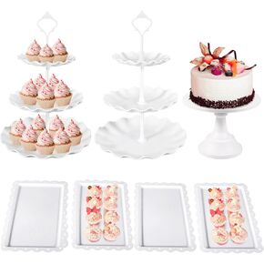 7 Pcs Dessert Table Stand Set 2 Pcs 3-Tier Plastic Cupcake Stands 1 Pc Metal White Cake Stand for Party Cookie Tray Rack Serving Tray Display Tower and 4 Pc Dessert Tray for Wedding Baby Shower