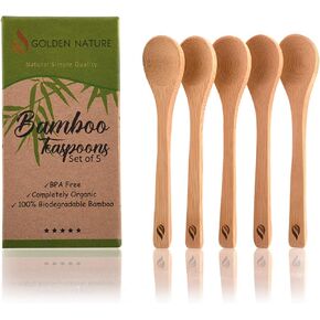 Bamboo Spoon Set (5 Pc), Small Kitchen Teaspoons, Tiny Wooden Spoons Perfect for Sugar, Spices, Seasoning, Coffee, Jam, Herbs, Honey & Dessert