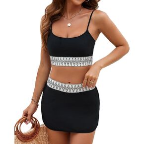 Jolefille Women Two Piece Swimsuit Swim Skirt High Waited Bikini Set Boho Teens Skort Color Block Tummy Control Bathing Suit