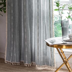Boho Linen Curtains Farmhouse Cotton Off White Curtains 63" 84" 96" inch Length Semi Blackout Curtains with Embroidery Striped Light Filtering Drapes 2 Panels Set for Living Room Bedroom, Ivory White