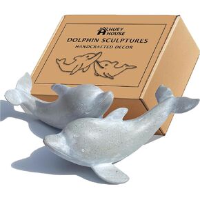 Coastal Dolphin Sculptures - Handcrafted Resin Figurine Statues for Bookshelf, Small Decorative Gray Dolphins, Boxed Set of 2 (7.5L & 6.5L inches)