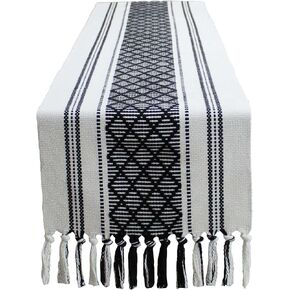 مفارش طاولة منسوجة من بوهو، مفارش طاولة المزرعة، مفارش طاولة منسوجة بطول 90 بوصة مع شرابات، مفارش طاولة مخططة أنيقة لغرفة الطعام، الزفاف، العطلات، ديكور طاولة الحفلات (أزرق كلاسيكي، 14 × 90 بوصة) in Kuwait