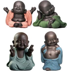 A Collection of 4 Cutie Buddhas - Red Smiling, Blue Harvest, Green Happy, Gray Joyous Figurines - Adorable Monk Statues - Great Details - Giftable - Multicolor