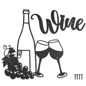 AUHOKY Kitchen Wine Theme Wall Decor, Modern Black Metal Wine signs Wall Art Decoration, Wine Glasses Bottle Grape Wall Hanging Sculpture for Indoor Outdoor Restaurant Bar Home (Black)