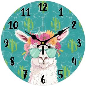 CHGCRAFT 12inch Alpaca Wall Clock Cute Cartoon Animal Round Wooden Wall Clock Silent Non Ticking Clock Farmhouse Wall Clock for Office Home Bedroom Living Room Bathroom Kitchen Decor