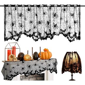 Mikily's 18.5" L x 61" W Spooky Elegance Halloween Lace Window Curtain with Spider Web Design - Perfect for Fireplace, Door, and Window Decoration