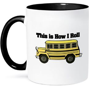 3dRose This Is How I Roll Short Yellow School Bus Two Tone Mug, 11 oz, Black/White