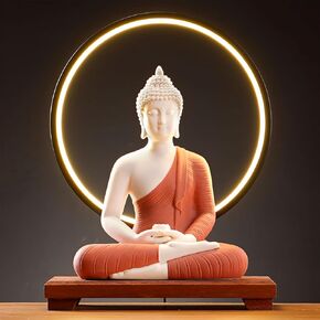 QINLANG 12 inch Red Buddha Statue and 15.74 inch LED Circle Table Lamp, Indoor Buddha Statues for Home Décor