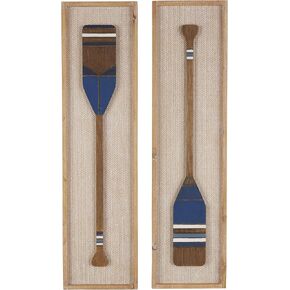 Deco 79 Wood Paddle Home Wall Decor Wall Sculpture with Blue Accents and Chevron Patterned Background, Set of 2 Wall Art 9" W, 32" H, Brown
