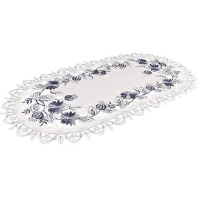 Embroidered Delft Blue Onion Flower Table Runner, Dresser Scarf Doily (14Wx27L)