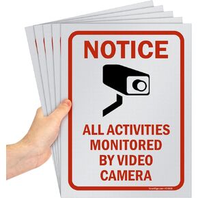 SmartSign (Pack of 5) 12 x 9 inch “Notice - All Activities Monitored By Video Camera" Sign, Screen Printed, 10 mil Polystyrene Plastic, Red/Black on White