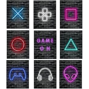 DRBLUEB Game Themed Wall Art Print Poster, 9 Pieces Video Game Art Sign Prints, 8’’ X 10’’, Durable Cardboard, Perfect for Bedroom, Game Room Decorations, Party Decor, No Frames