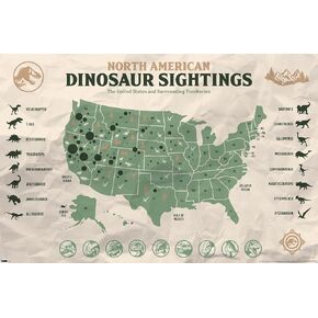 Trends International Jurassic World: Dominion - North American Dinosaur Map Wall Poster, 14.725" x 22.375", Barnwood Framed Version