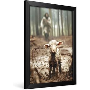 TUXVAKY Framed Christian Wall Art Easter Home Decorations, Jesus Running After Lost Lamb Canvas Wall Art for Bathroom Decor - 8"x10" Inch