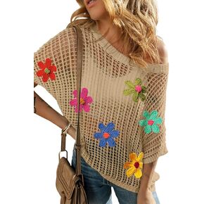 Urchics Womens Crochet Tops Flower Hollow Out Cover Up Short Sleeve Knit Pullover Sweater Summer Beach Coverup