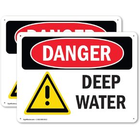 (2 Pack) Deep Water OSHA Danger Sign 10 Inch X 7 Inch Indoor/Outdoor Rust-Free Aluminum Metal Signs for Workplace, Workshop, and Construction Site, Made in the USA