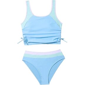 SweatyRocks Girl's 2 Piece Bathing Suit Colorblock Ruched Scoop Neck Drawstring High Waist Bikini Swimsuit