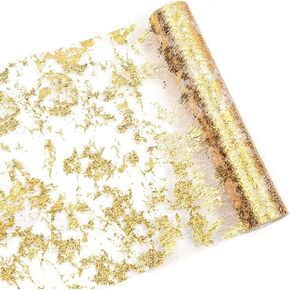 Gold Table Runner 11"x216"/18ft Glitter Metallic Thin Mesh Table Cloth Sparkle Table Runner Table Centerpiece Decoration for Event Party,Wedding,Bridal Shower,Birthday Party(108''/roll)