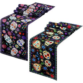 Peryiter 2 Pieces Day of the Dead Table Runner Dia De Los Muertos Decoration Linen Sugar Skull Mexican Table Runners for Festival Fiesta Holiday Kitchen Dinning Room Home Altar Decor, 13 x 72 Inch
