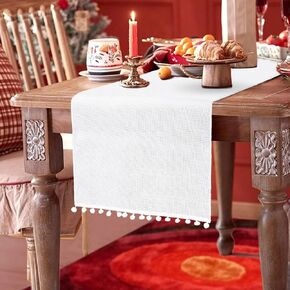 Christmas Table Runner, 14x72 inch Rustic Burlap Table Runner with Pom Pom Red Dining Table Runner for Christmas Wedding Valentine's Day Party Decorations