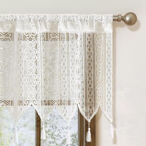 White Sheer Valance Curtains for Kitchen Semi-Sheer Lace Valances for Windows Floral Pattern Farmhouse Country Voile Curtain with Tassels Small Windows (1 Panel, 52x22 Inches, Ivory)