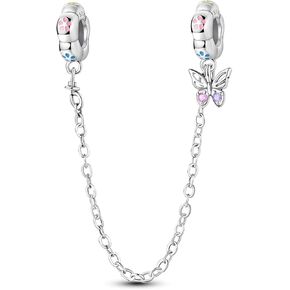 Parmuz 925 Sterling silver Safety Chain Charm Dangle Pendants Clip Charm Beads for Bracelet Love Butterfly Evil Eye Stopper Spacer Charm for Woman Jewelry Gift for Girl