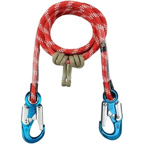 The Red-3 2-in-1 Prusik Positioning Lanyard for Climbing & Fall Protection - Static Kernmantle Rope 1/2 inch Diameter x 15 ft, 5,400 lb MBS - 2 Aluminum Safety Snap Swivels