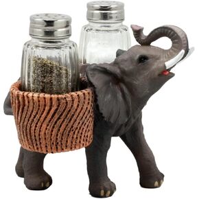 Ebros Savanna Calls Trumpeting Elephant Glass Salt And Pepper Shakers Holder Figurine Decor Set 5.75"L