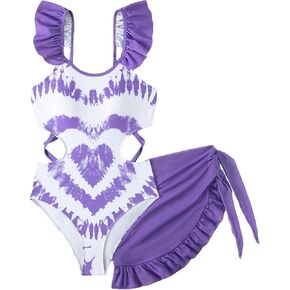 Floerns Girl's Cut Out Ruffle Trim One Piece Swimsuit with Cover Up Skirts