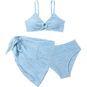 RoseSeek Girl's 3 Piece Swimsuits Textured Spaghetti Strap Ring Bikini Bathing Suit with Cover Up Sarong