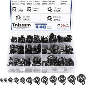 Tnisesm 140 Pcs 12Values 6-22mm Spring Hose Clamp Assortment kits Silicone Vacuum Hose Action Low Pressure Air Clip Clamp hoses clamps sleeving(Black)