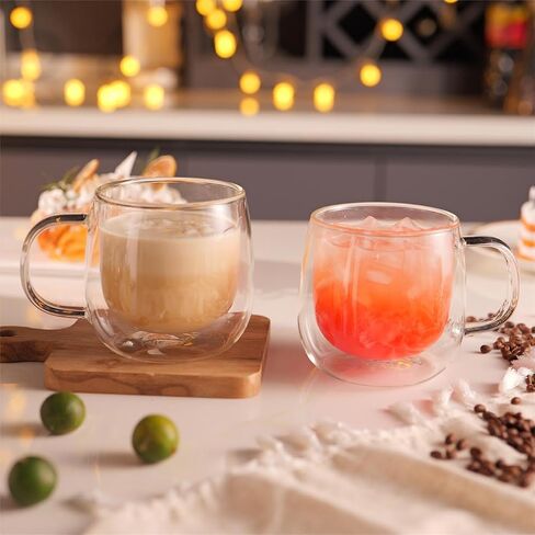 CNGLASS Double Wall Glass Cappuccino Mugs 8.1oz,Clear Insulated Glass Coffee Mug with Handle for Espresso,Latte,Tea,Set of 2 in Saudi Arabia
