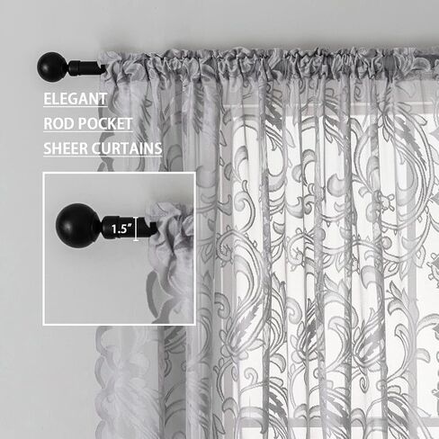 Grey Lace Curtains 63 Inch Length - Rod Pocket Vintage Floral Pattern Lace Curtains for Room Decoration, Elegant Textured Curtains for Kitchen Light Filtering, 54 x 63 Inch, 2 Panel Sets, Grey in Saudi Arabia