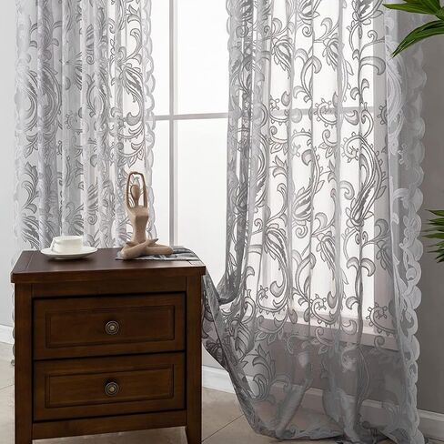 Grey Lace Curtains 63 Inch Length - Rod Pocket Vintage Floral Pattern Lace Curtains for Room Decoration, Elegant Textured Curtains for Kitchen Light Filtering, 54 x 63 Inch, 2 Panel Sets, Grey in Saudi Arabia