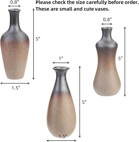 مجموعة ديكونوي مكونة من 3 مزهريات صغيرة من السيراميك البني، مزهريات ريفية لطيفة للقطع المركزية، مزهرية زهور مفردة رفيعة لبيوت المزرعة لغرفة المعيشة، المنزل، الرف، الطاولة، رف الكتب، ديكور المدخل in Kuwait
