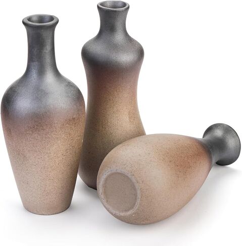 مجموعة ديكونوي مكونة من 3 مزهريات صغيرة من السيراميك البني، مزهريات ريفية لطيفة للقطع المركزية، مزهرية زهور مفردة رفيعة لبيوت المزرعة لغرفة المعيشة، المنزل، الرف، الطاولة، رف الكتب، ديكور المدخل in Kuwait