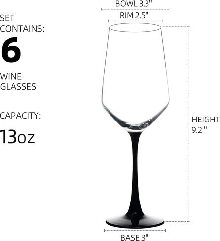 YANGNAY Wine Glasses with Black Stem & Base (Set of 6, 13 Oz), Clear Wine Glasses for Red or White Wine, Smooth Rim, Dishwasher Safe in Saudi Arabia