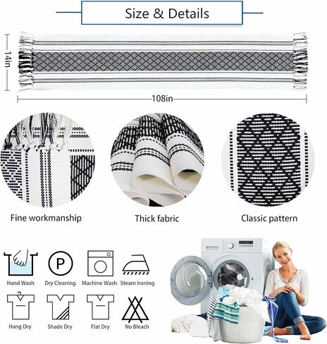 مفارش طاولة منسوجة من بوهو، مفارش طاولة المزرعة، مفارش طاولة منسوجة بطول 90 بوصة مع شرابات، مفارش طاولة مخططة أنيقة لغرفة الطعام، الزفاف، العطلات، ديكور طاولة الحفلات (أزرق كلاسيكي، 14 × 90 بوصة) in Kuwait