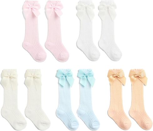 5 Pack Baby Girl Knee High Socks Mesh Breathable Toddler Long Stockings Cute Bow Newborn Cotton Socks in Saudi Arabia