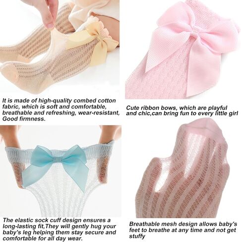 5 Pack Baby Girl Knee High Socks Mesh Breathable Toddler Long Stockings Cute Bow Newborn Cotton Socks in Saudi Arabia