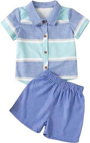 MakeMeChic Boy's 2 Piece Summer Outfits Striped Short Sleeve Button Down Collar Shirt Tops and Shorts Set in Saudi Arabia